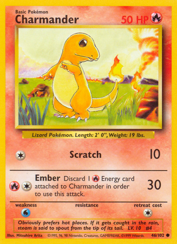 Charmander Base set Unlimited|Charmander Base set First Edition|Charmander Base set Shadowless|Charmander Base set 4th print