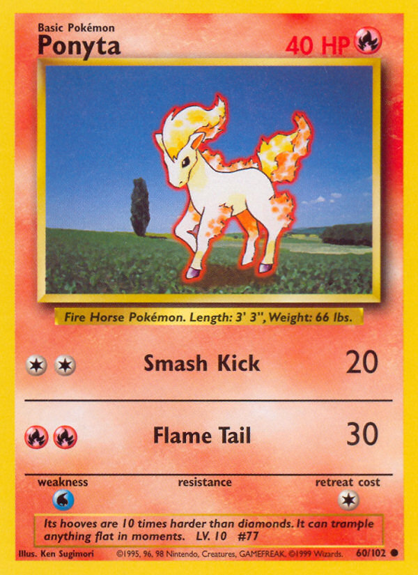 Ponyta Base set Unlimited|Ponyta Base set First Edition|Ponyta Base set Shadowless|Ponyta Base set 4th print